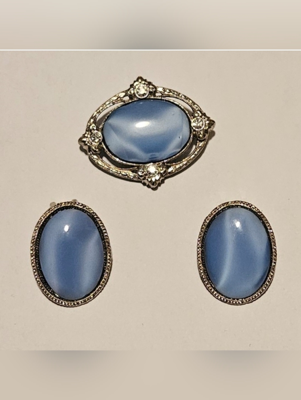 Smokey Blue Cateye Brooch & Clip-On Earring Set Vintage